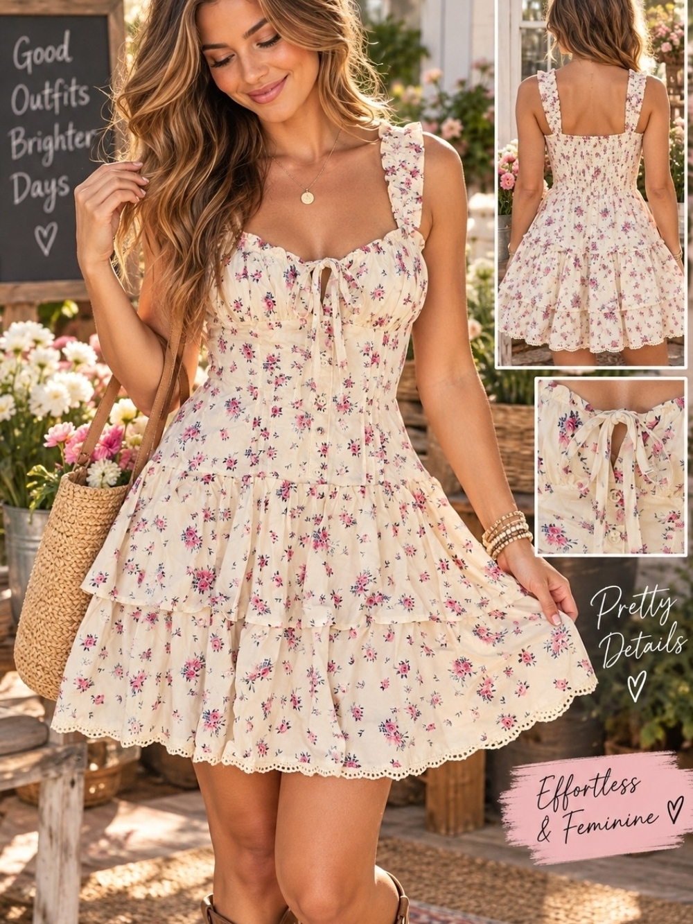 Cream Floral Ruffled Tie-Front Cottagecore Mini Dress